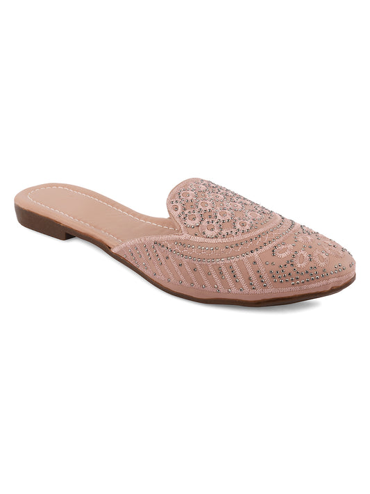 DESI COLOUR Women Peach-Coloured Embellished Leather Ethnic Mules Flats