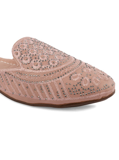 DESI COLOUR Women Peach-Coloured Embellished Leather Ethnic Mules Flats