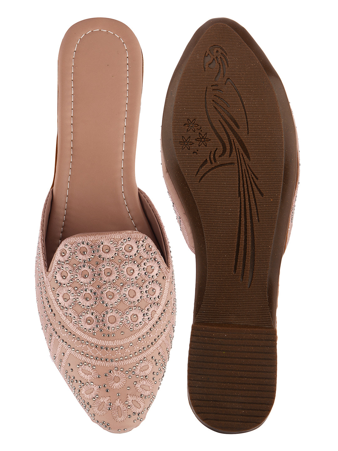 DESI COLOUR Women Peach-Coloured Embellished Leather Ethnic Mules Flats