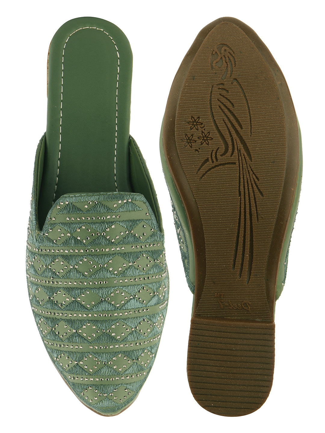 DESI COLOUR Women Green Embellished Ethnic Mules With Embroidered