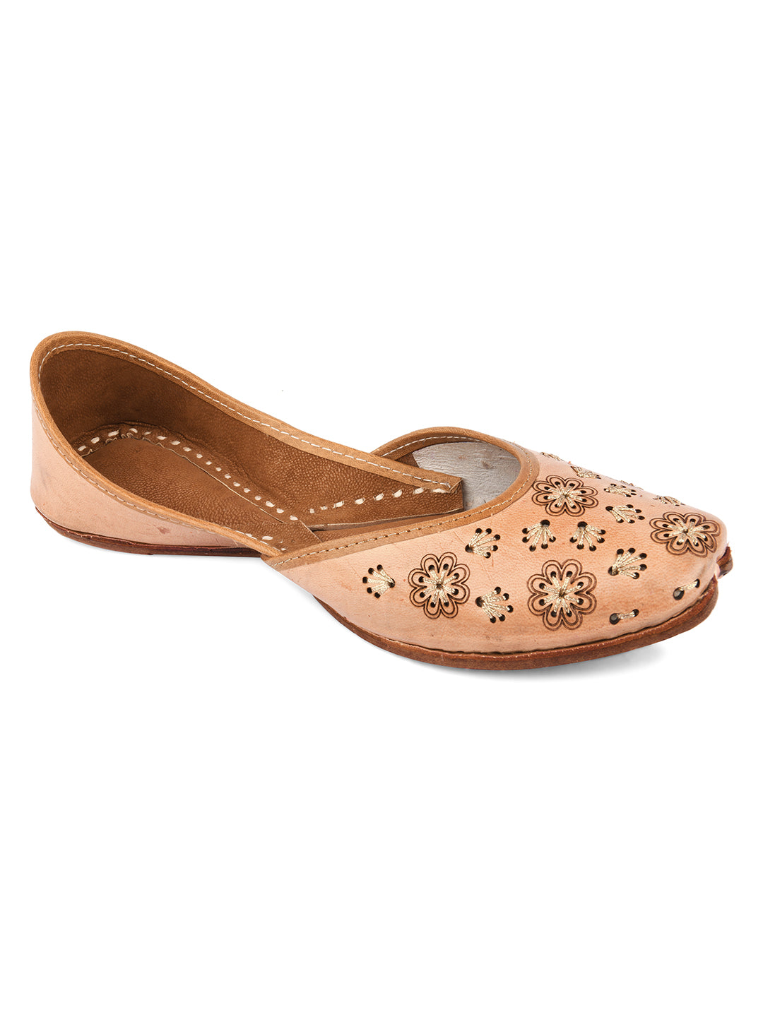 DESI COLOUR Women Nude-Coloured Textured Leather Ethnic Mojaris with Laser Cuts Flats