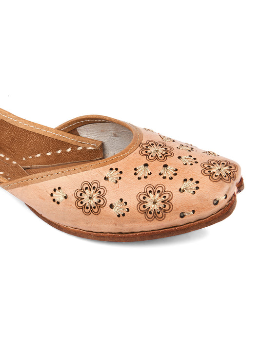 DESI COLOUR Women Red Embellished Leather Ethnic Mojaris with Laser Cuts Flats