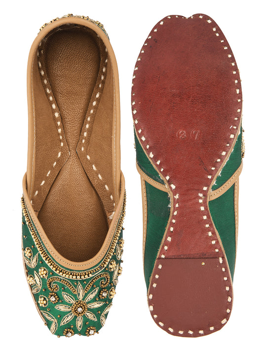 DESI COLOUR Women Tan Textured Leather Ethnic Mojaris with Laser Cuts Flats