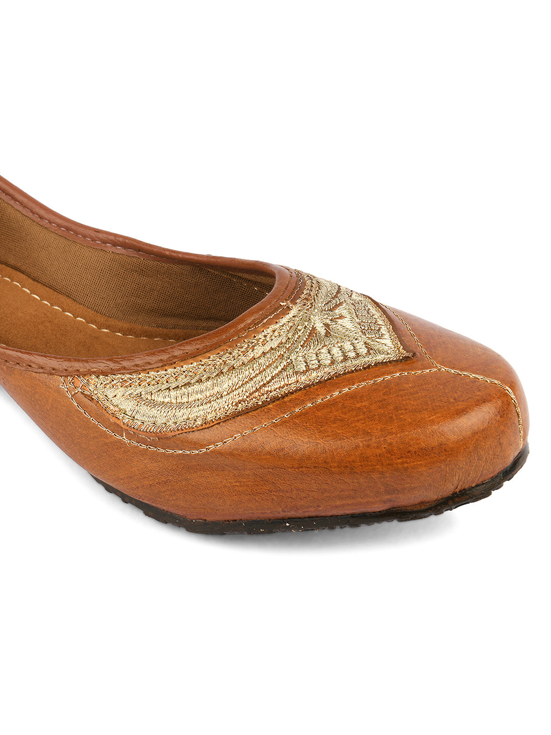 DESI COLOUR Women Brown  Gold-Toned Embroidered Mojaris