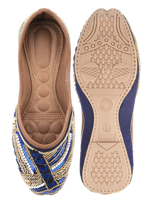 DESI COLOUR Women Brown Embellished Leather Ethnic Mojaris Flats