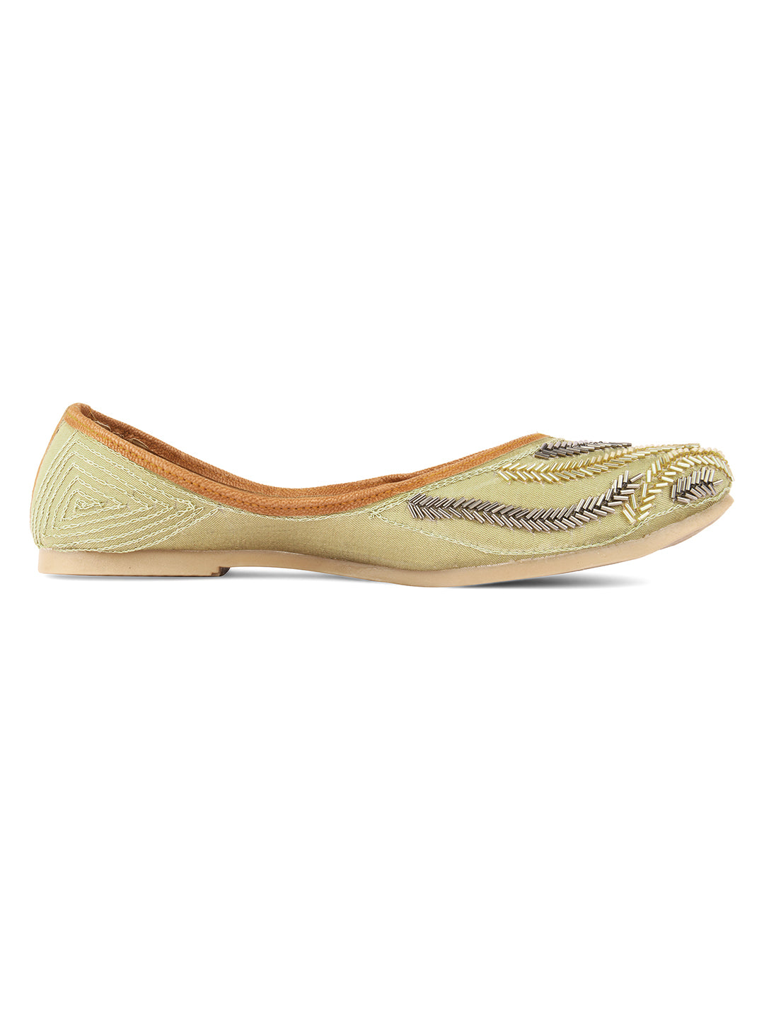 DESI COLOUR Women Coral Red  Gold-Toned Dabka Embellished Ethnic Mojaris Flats