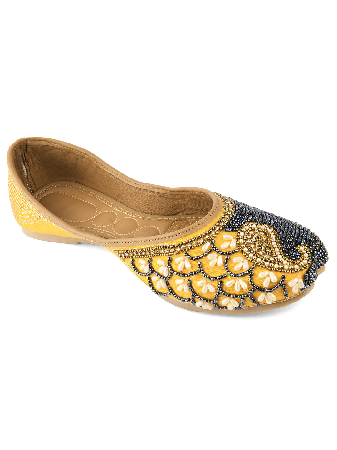 DESI COLOUR Women Tan Embroidered Leather Ethnic Mojari Flats