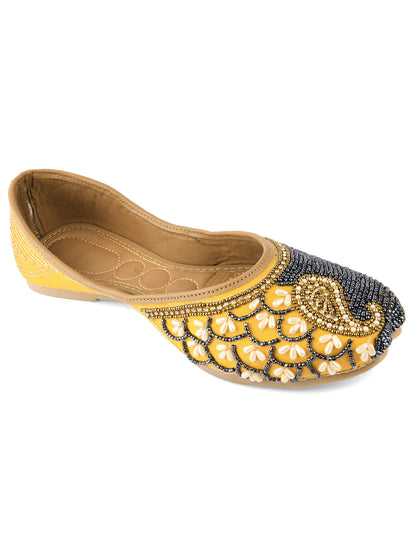 DESI COLOUR Women Tan Embroidered Leather Ethnic Mojari Flats