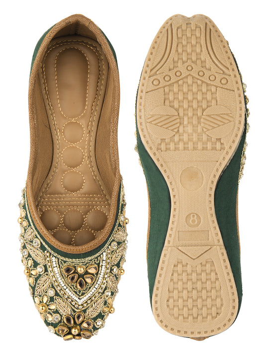 DESI COLOUR Women Gold-Toned Embellished Leather Ethnic Mojaris Flats