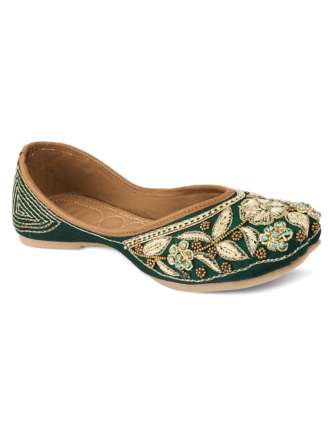 DESI COLOUR Women Green Embellished Leather Ethnic Mojaris Flats