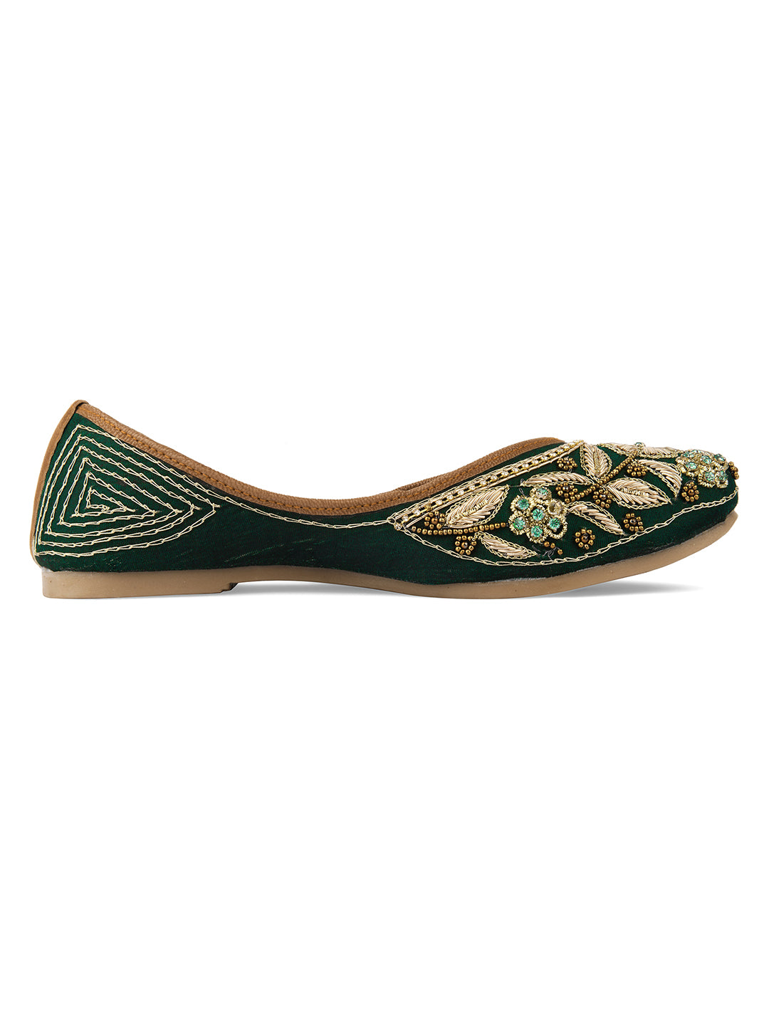 DESI COLOUR Women Green Embellished Leather Ethnic Mojaris Flats