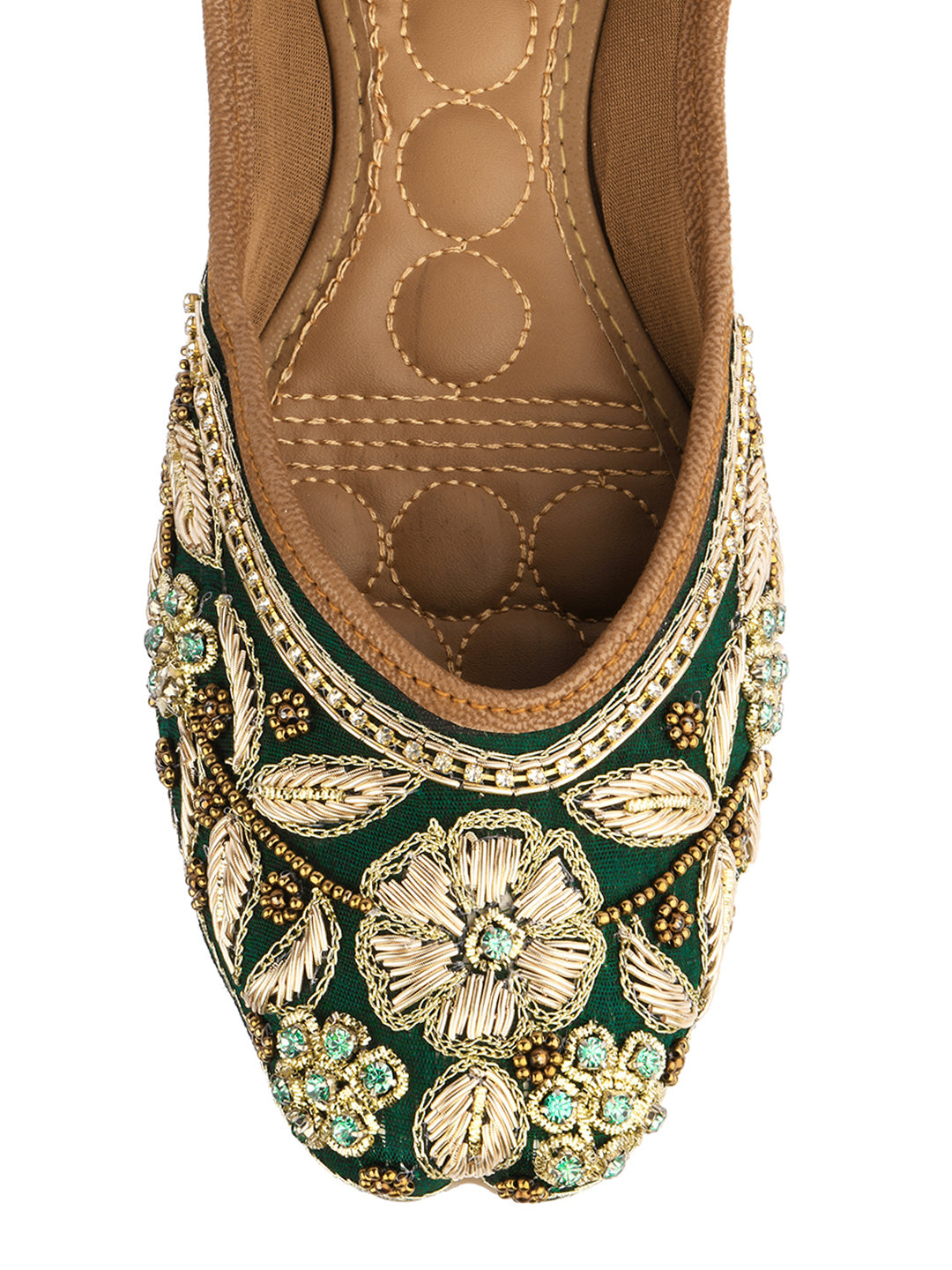 DESI COLOUR Women Green Embellished Leather Ethnic Mojaris Flats