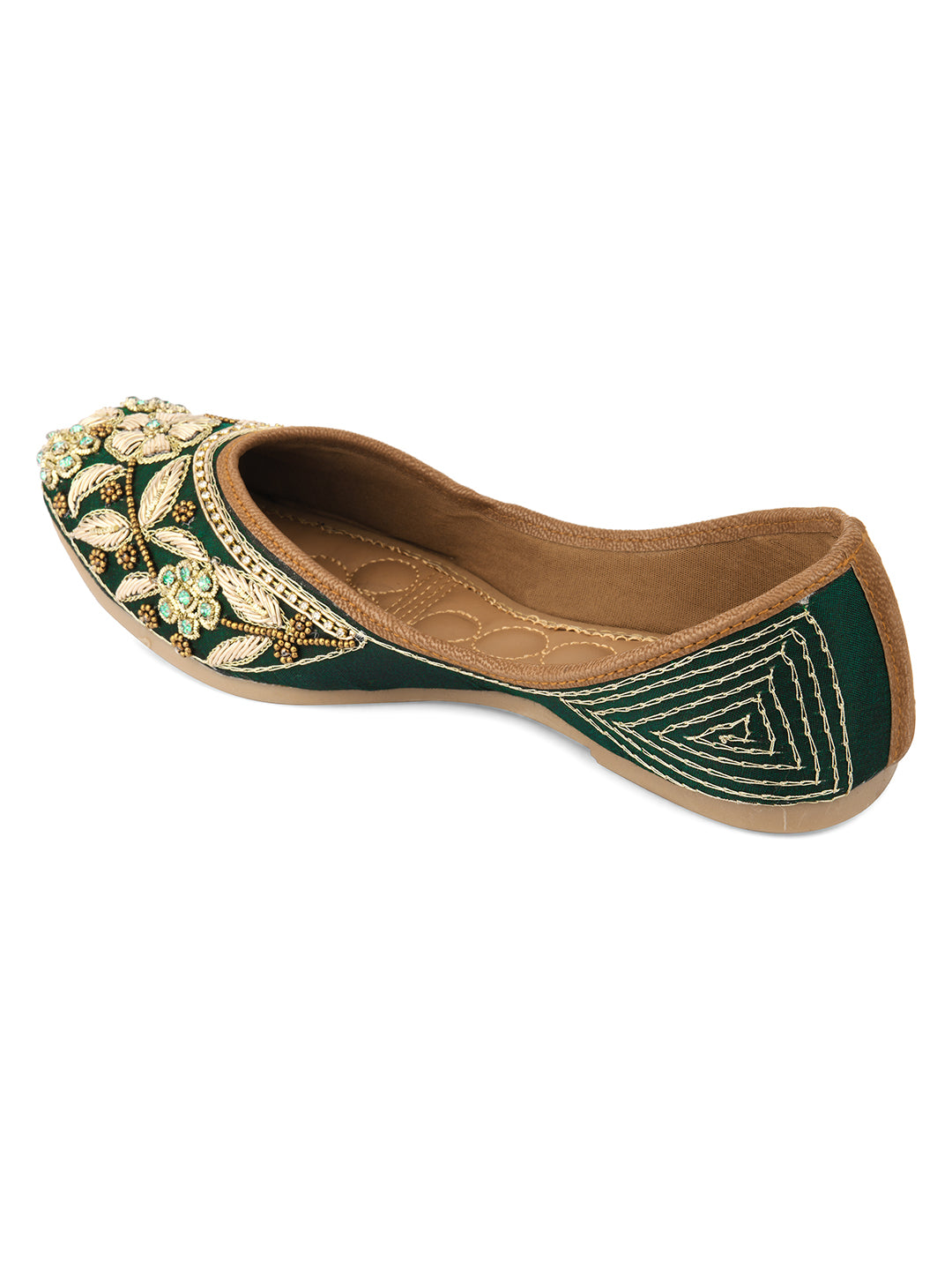 DESI COLOUR Women Green Embellished Leather Ethnic Mojaris Flats