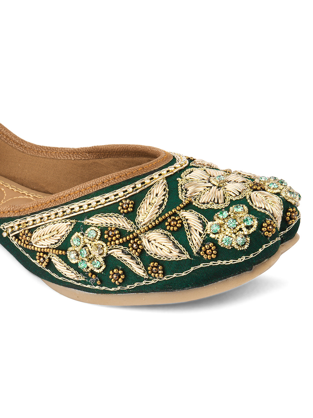 DESI COLOUR Women Green Embellished Leather Ethnic Mojaris Flats
