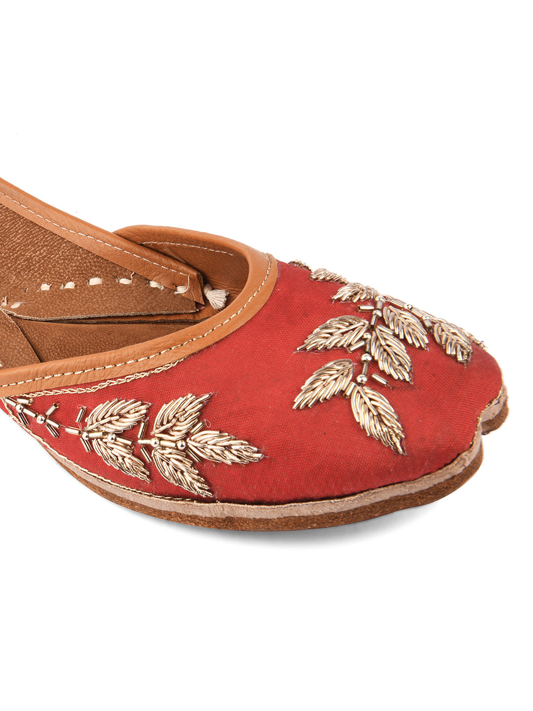 DESI COLOUR Women Maroon Embellished Leather Ethnic Mojaris Flats