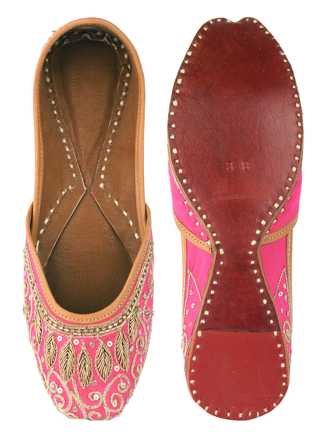 DESI COLOUR Women Pink Embellished Leather Ethnic Mojaris Flats
