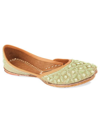 DESI COLOUR Women Grey  Gold-Toned Embellished Leather Mojaris