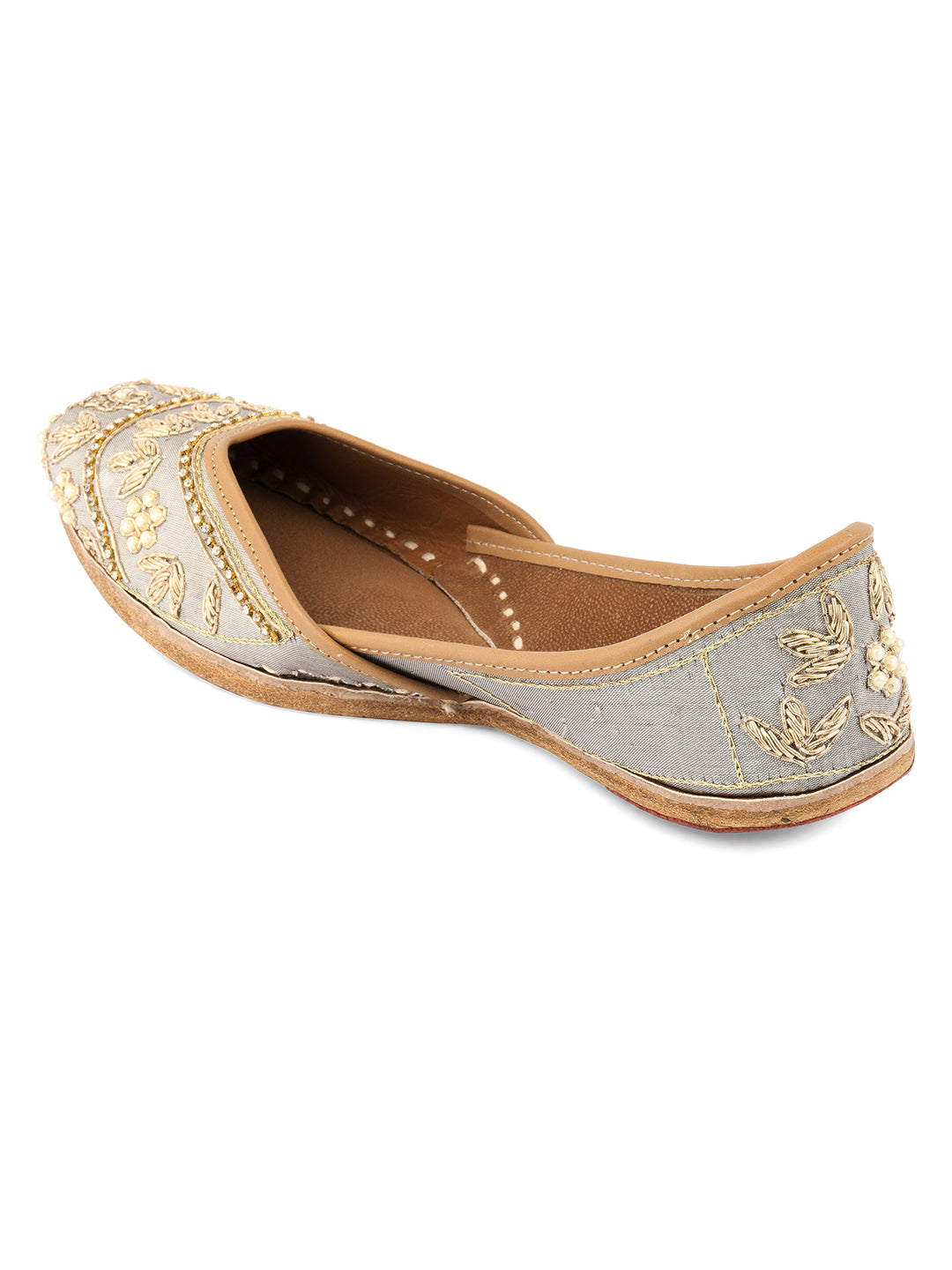 DESI COLOUR Women Grey  Gold-Toned Embellished Leather Mojaris