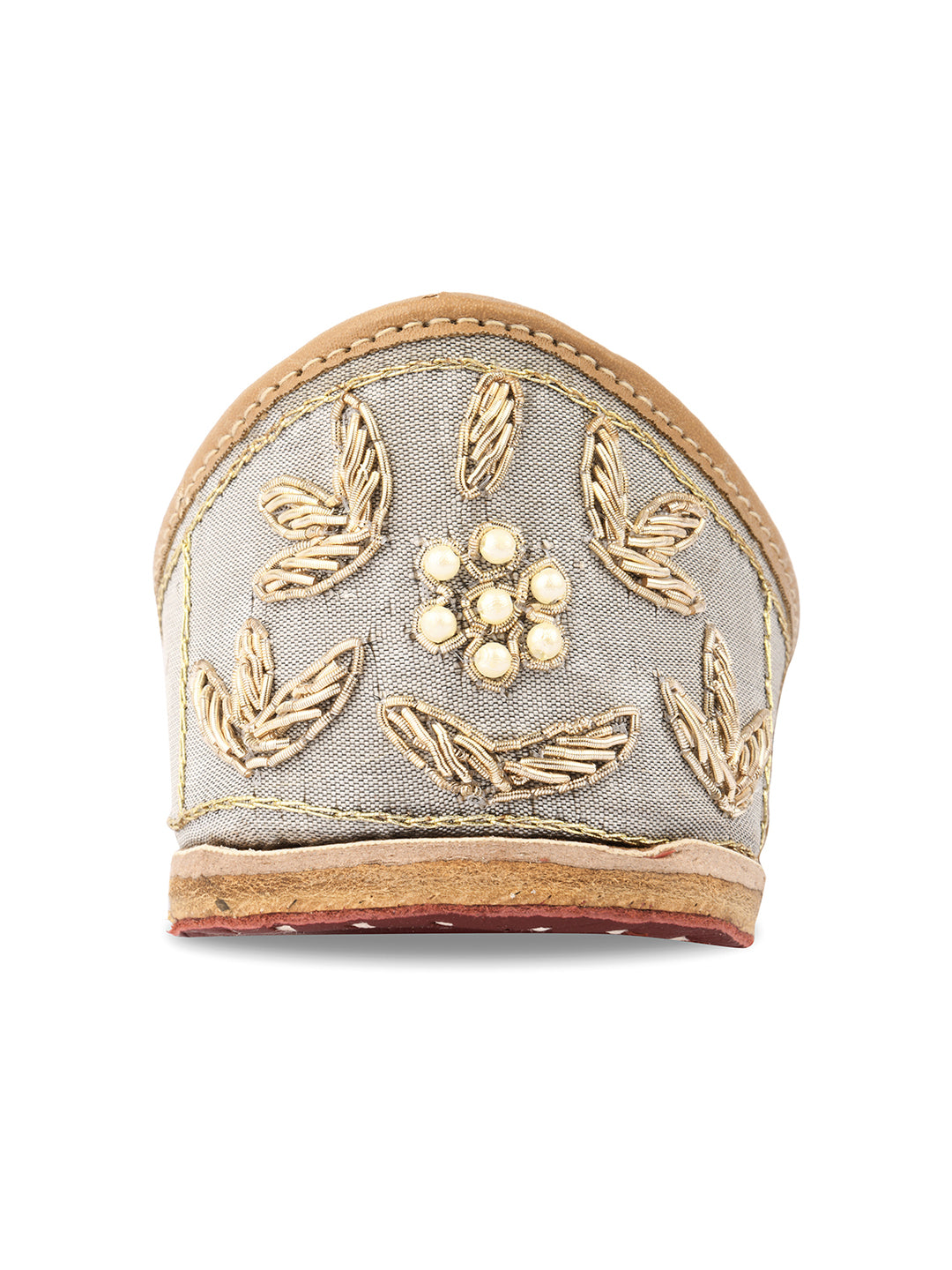 DESI COLOUR Women Grey  Gold-Toned Embellished Leather Mojaris