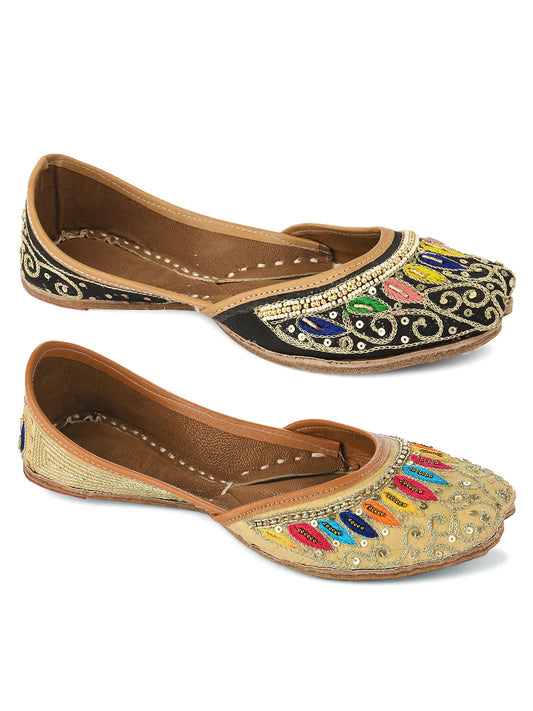 DESI COLOUR Women Tan Embellished Leather Ethnic Mojaris Flats