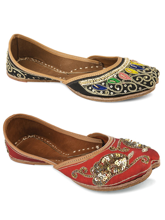 DESI COLOUR Women Pack Of 2 Multicoloured Embellished Leather Ethnic Mojaris Flats