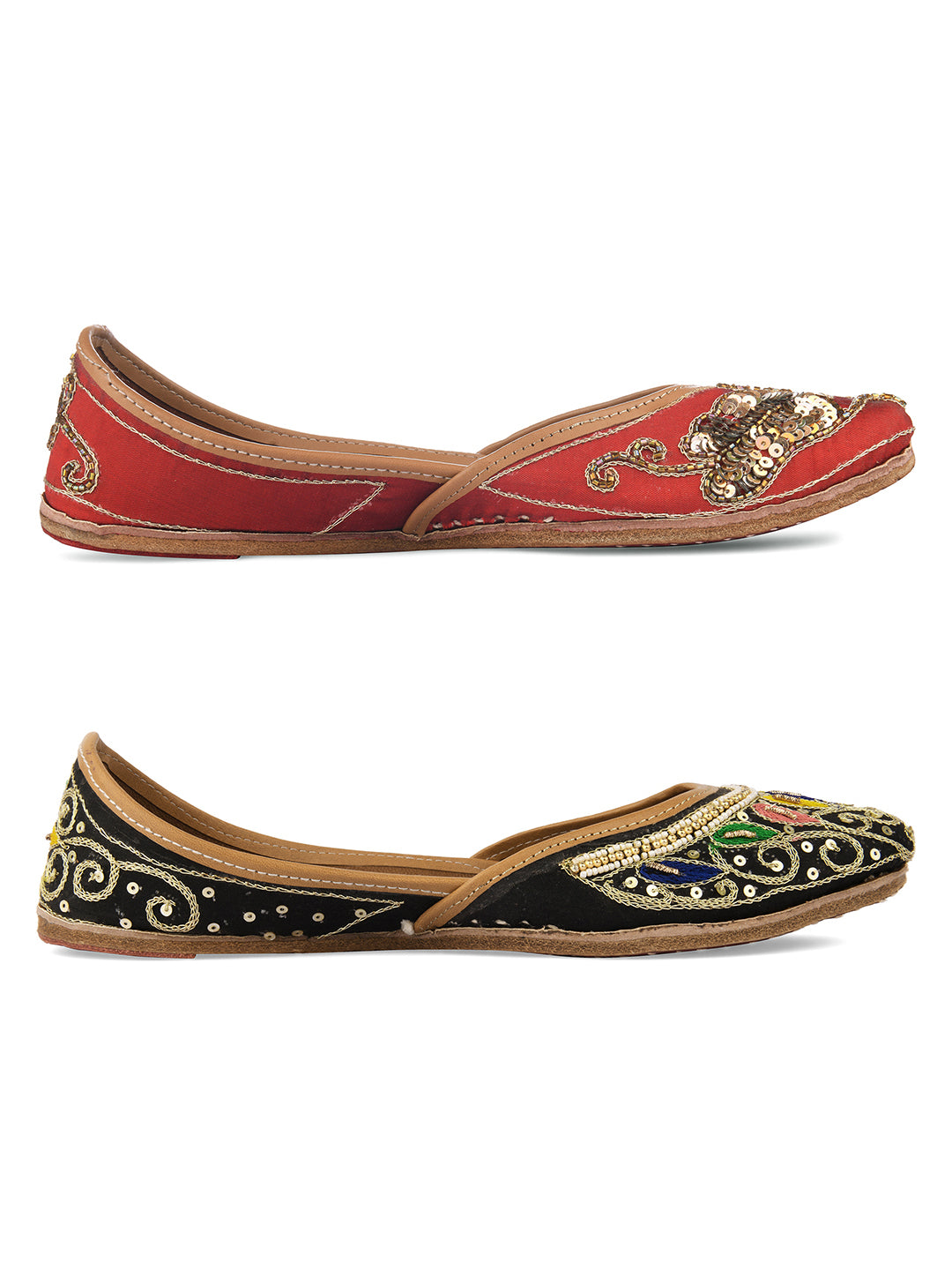 DESI COLOUR Women Pack Of 2 Multicoloured Embellished Leather Ethnic Mojaris Flats