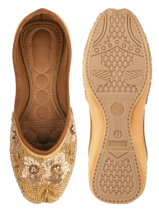 DESI COLOUR Women Gold-Toned  Beige Embellished Leather Mojaris