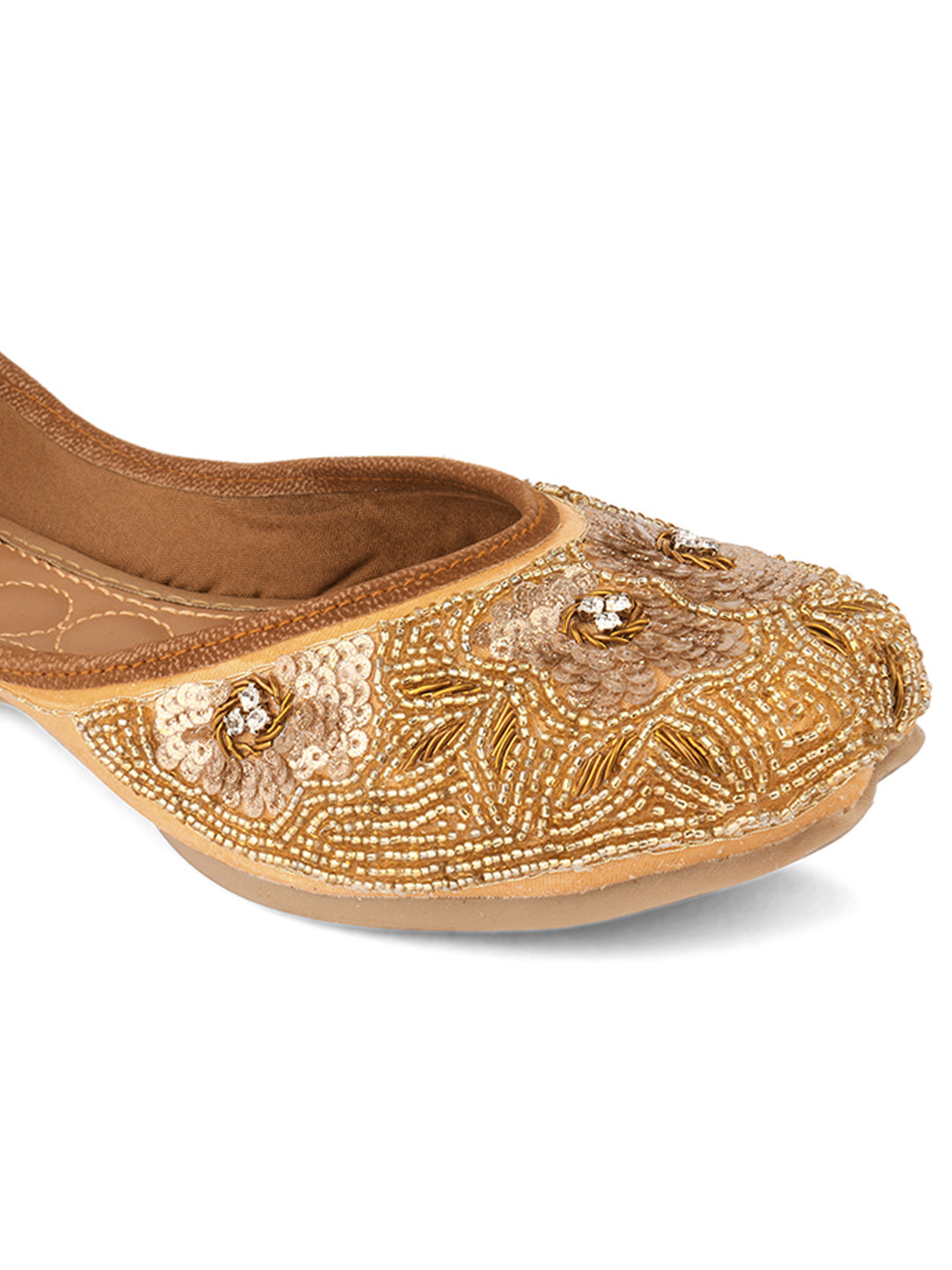 DESI COLOUR Women Gold-Toned  Beige Embellished Leather Mojaris