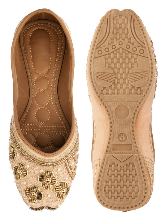 DESI COLOUR Women Gold-Toned Embellished Leather Ethnic Mojaris Flats