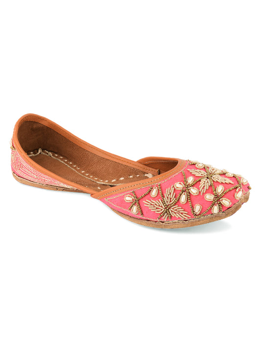 DESI COLOUR Women Peach-Coloured Printed Leather Ethnic Mojaris Flats