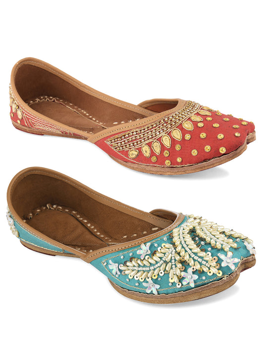 DESI COLOUR Women Multicoloured Embellished Leather Ethnic Mojaris Flats