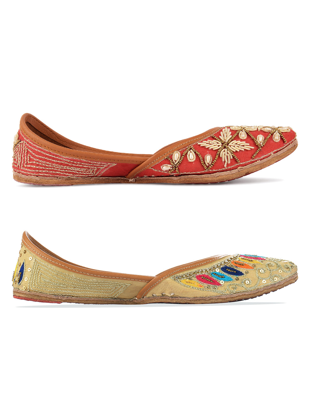 DESI COLOUR Women Pack Of 2 Beige Embellished Leather Ethnic Mojaris Flats