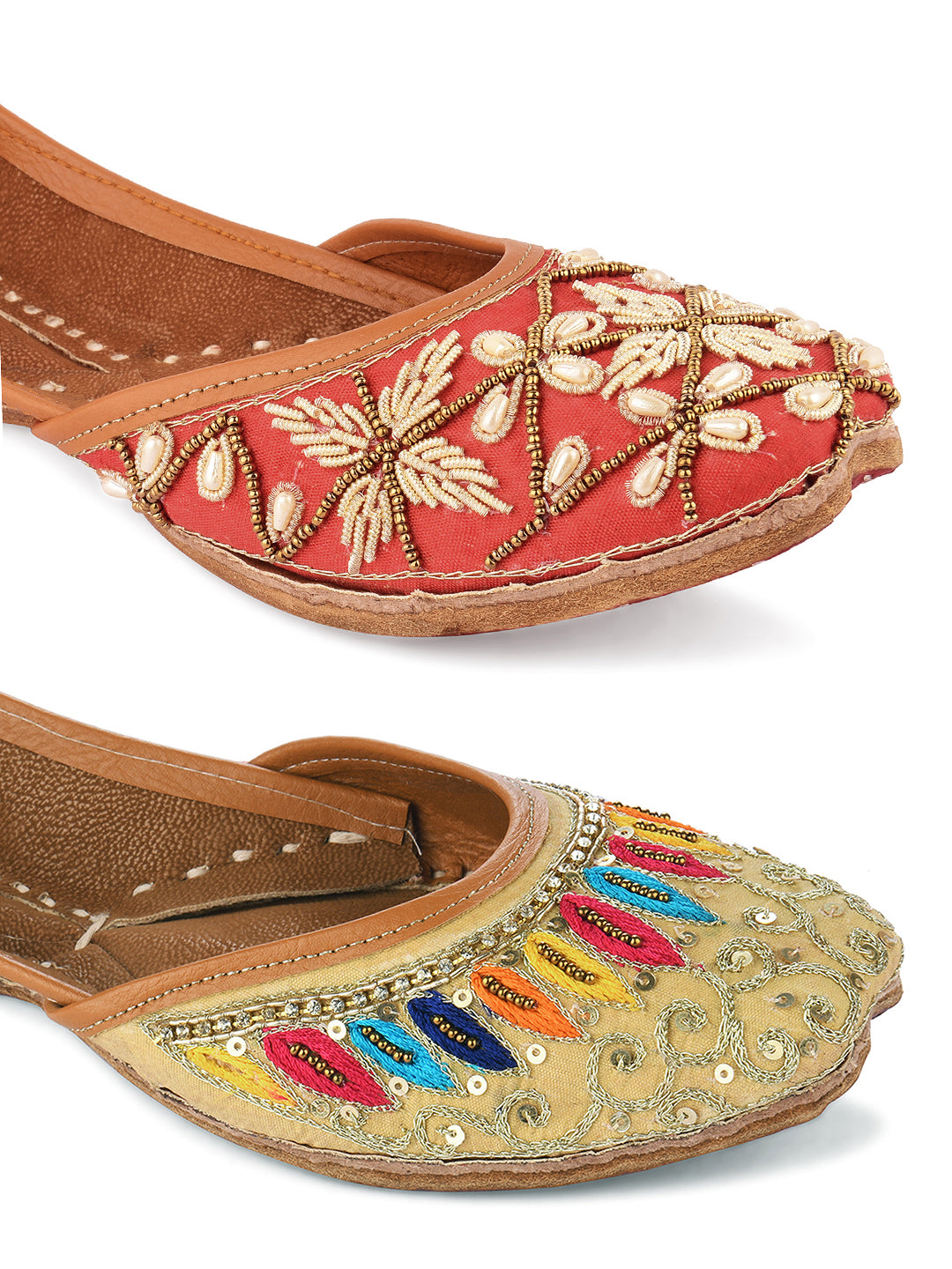 DESI COLOUR Women Pack Of 2 Beige Embellished Leather Ethnic Mojaris Flats