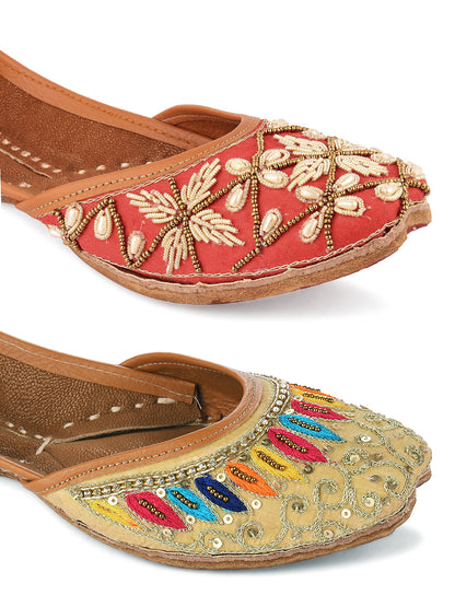 DESI COLOUR Women Pack Of 2 Beige Embellished Leather Ethnic Mojaris Flats
