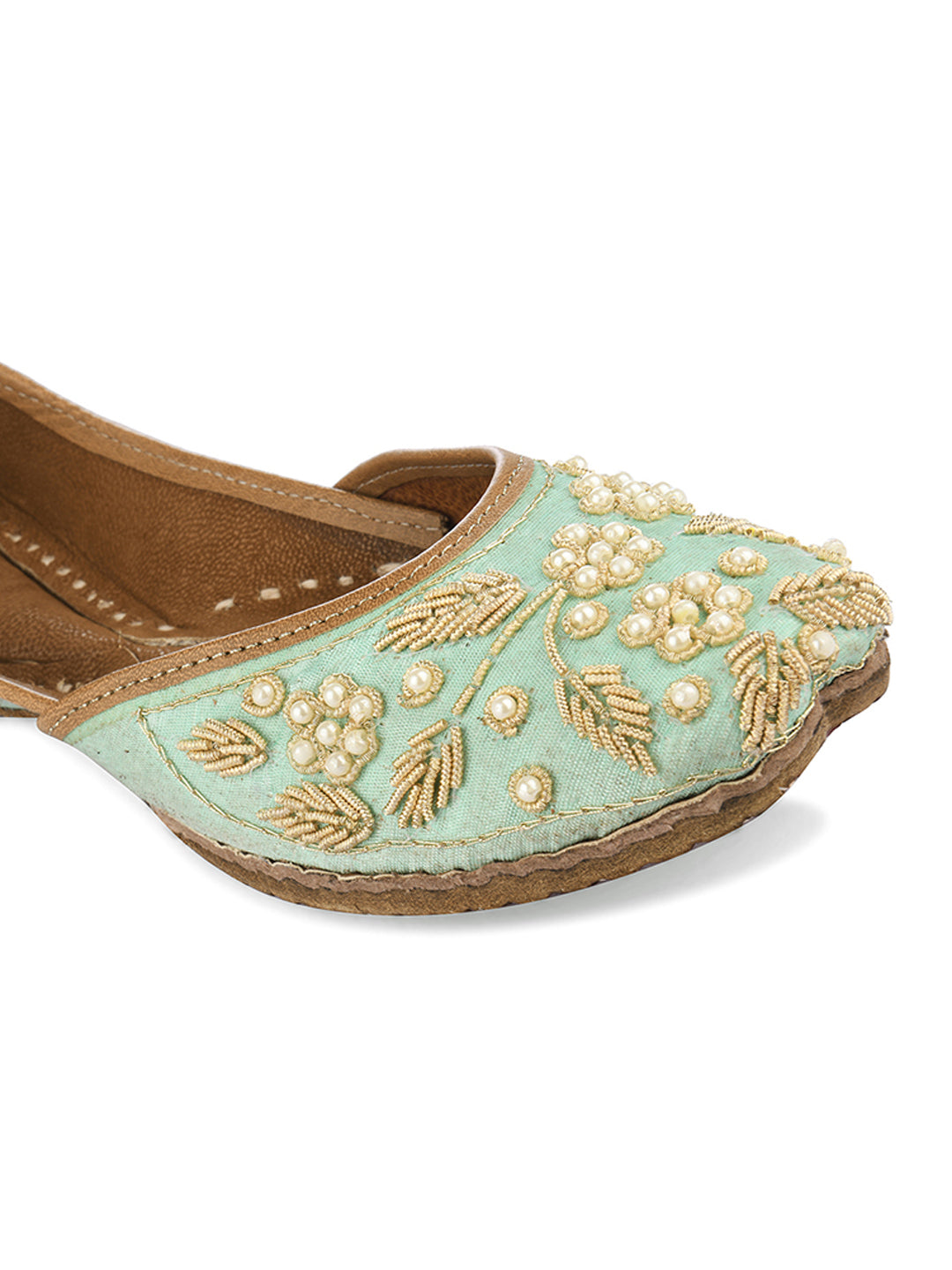 DESI COLOUR Women Red Embellished Genuine Leather Bride Collection Ethnic Mojaris Flats