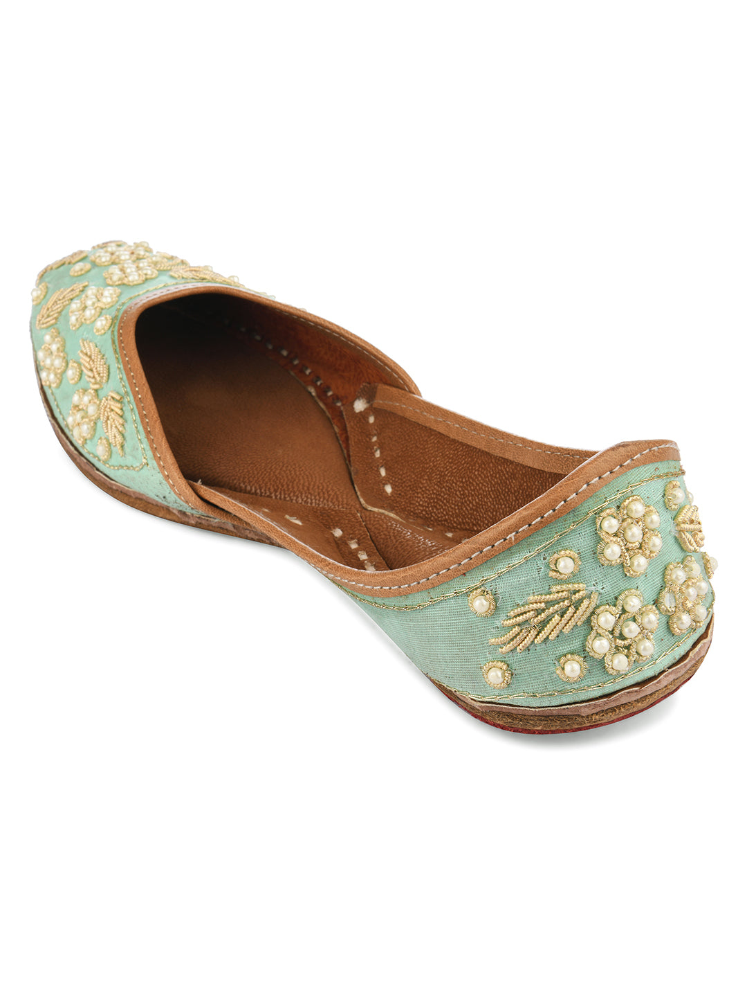 DESI COLOUR Women Red Embellished Genuine Leather Bride Collection Ethnic Mojaris Flats