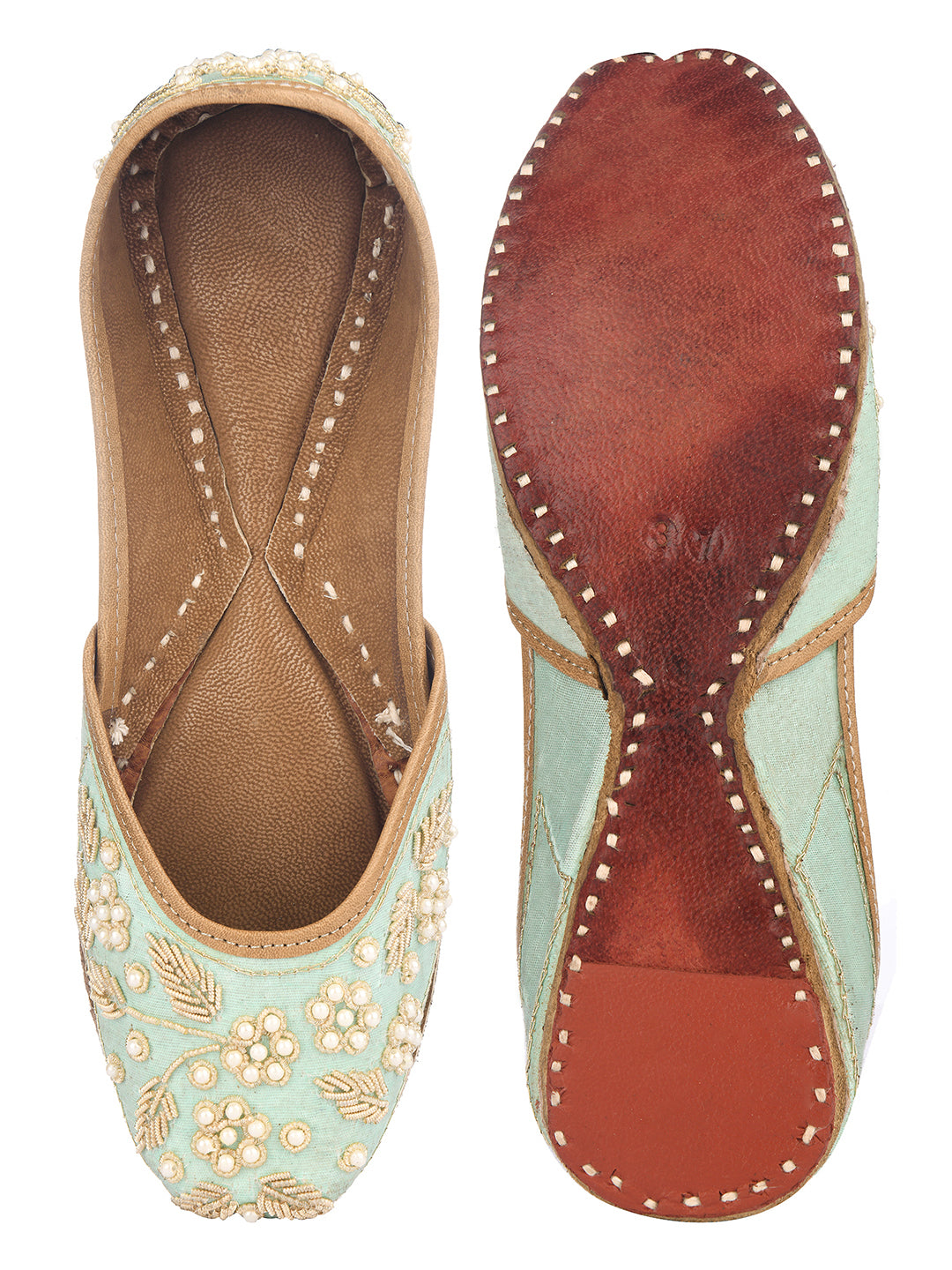 DESI COLOUR Women Red Embellished Genuine Leather Bride Collection Ethnic Mojaris Flats
