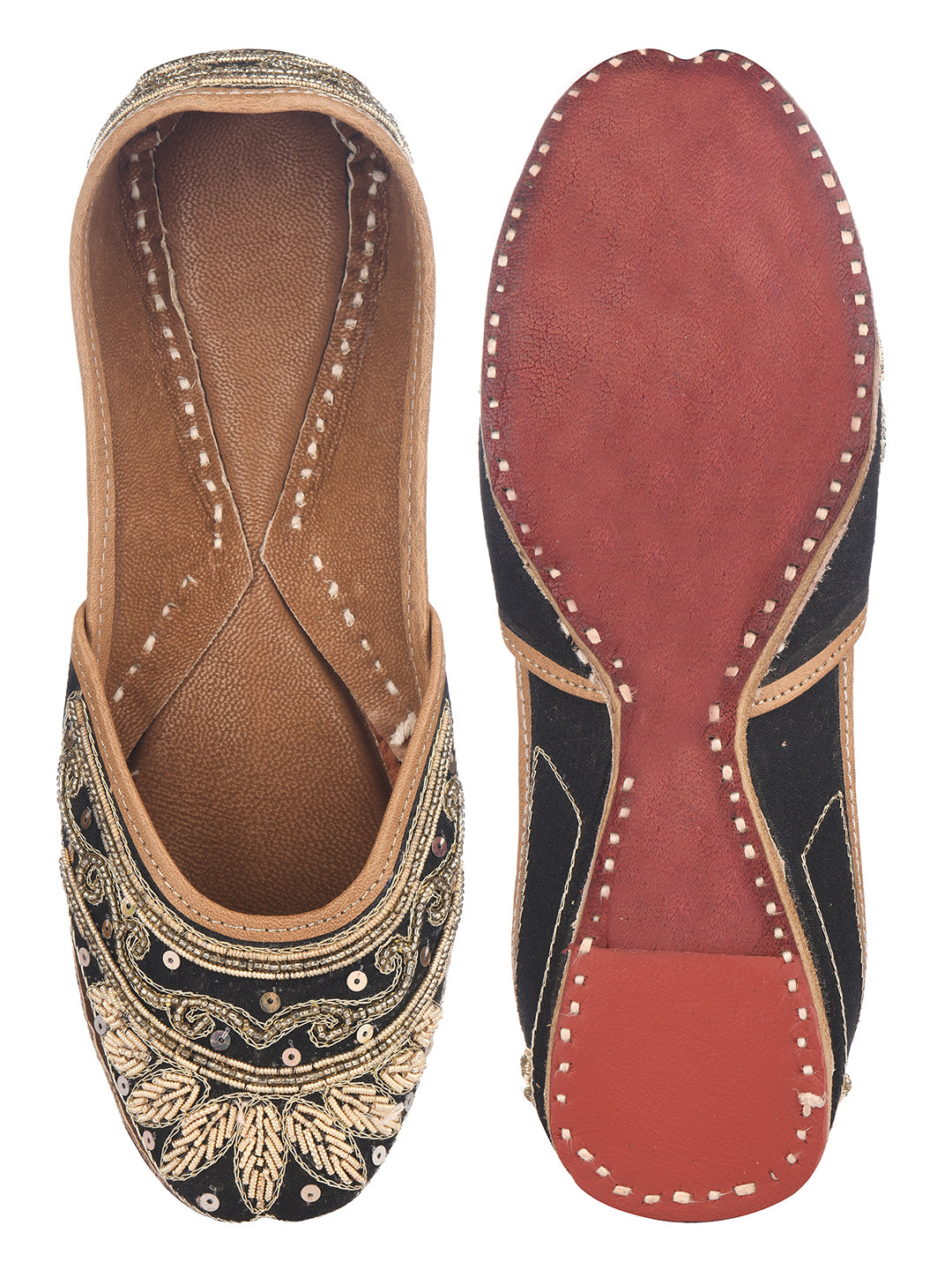 DESI COLOUR Women Sea Green Embellished Leather Ethnic Mojaris Flats