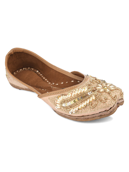 DESI COLOUR Women Peach-Coloured Embellished Leather Ethnic Mojari Flats