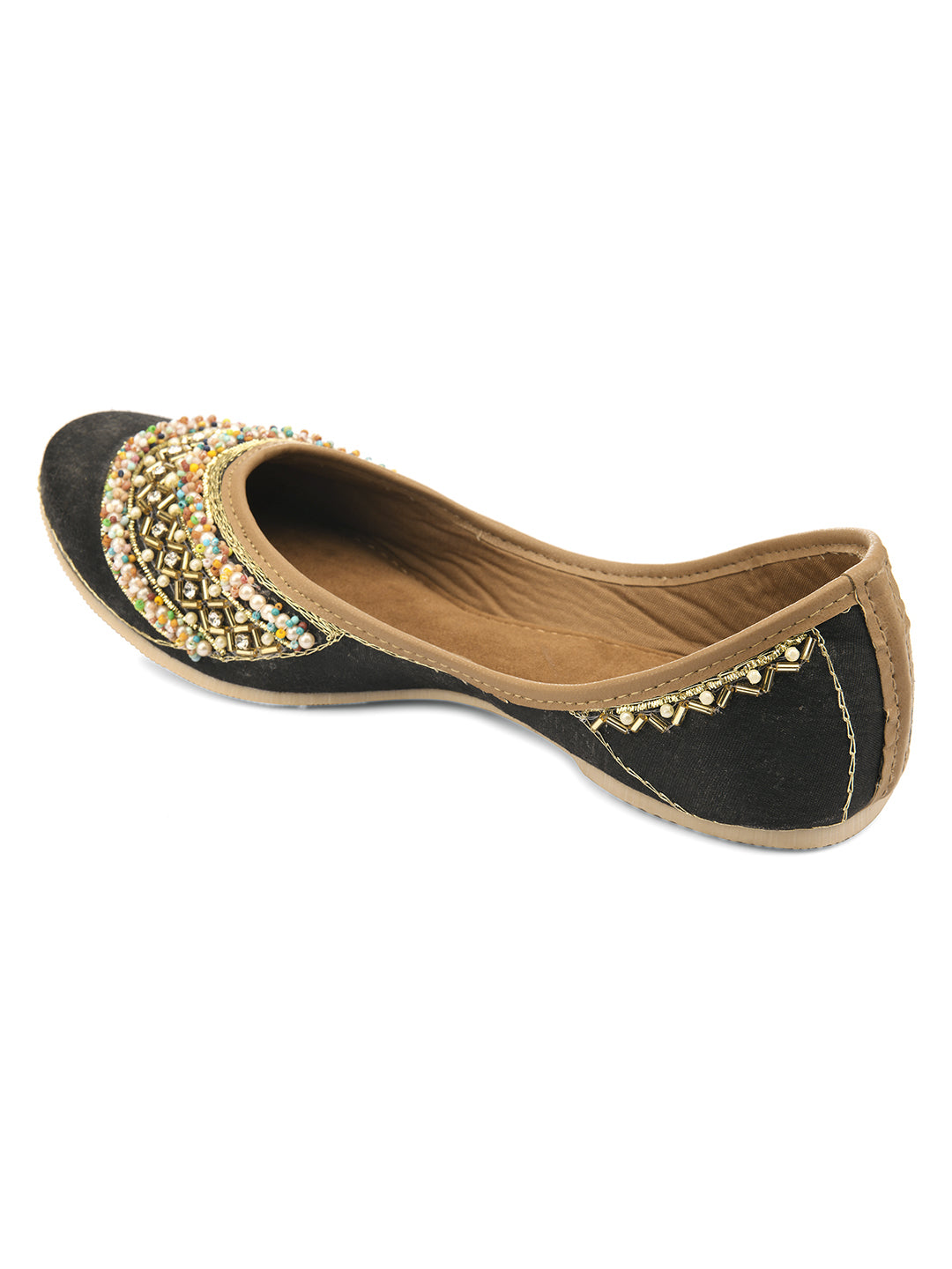 DESI COLOUR Women Black Embellished Genuine Leather Party Collection Ethnic Mojaris Flats