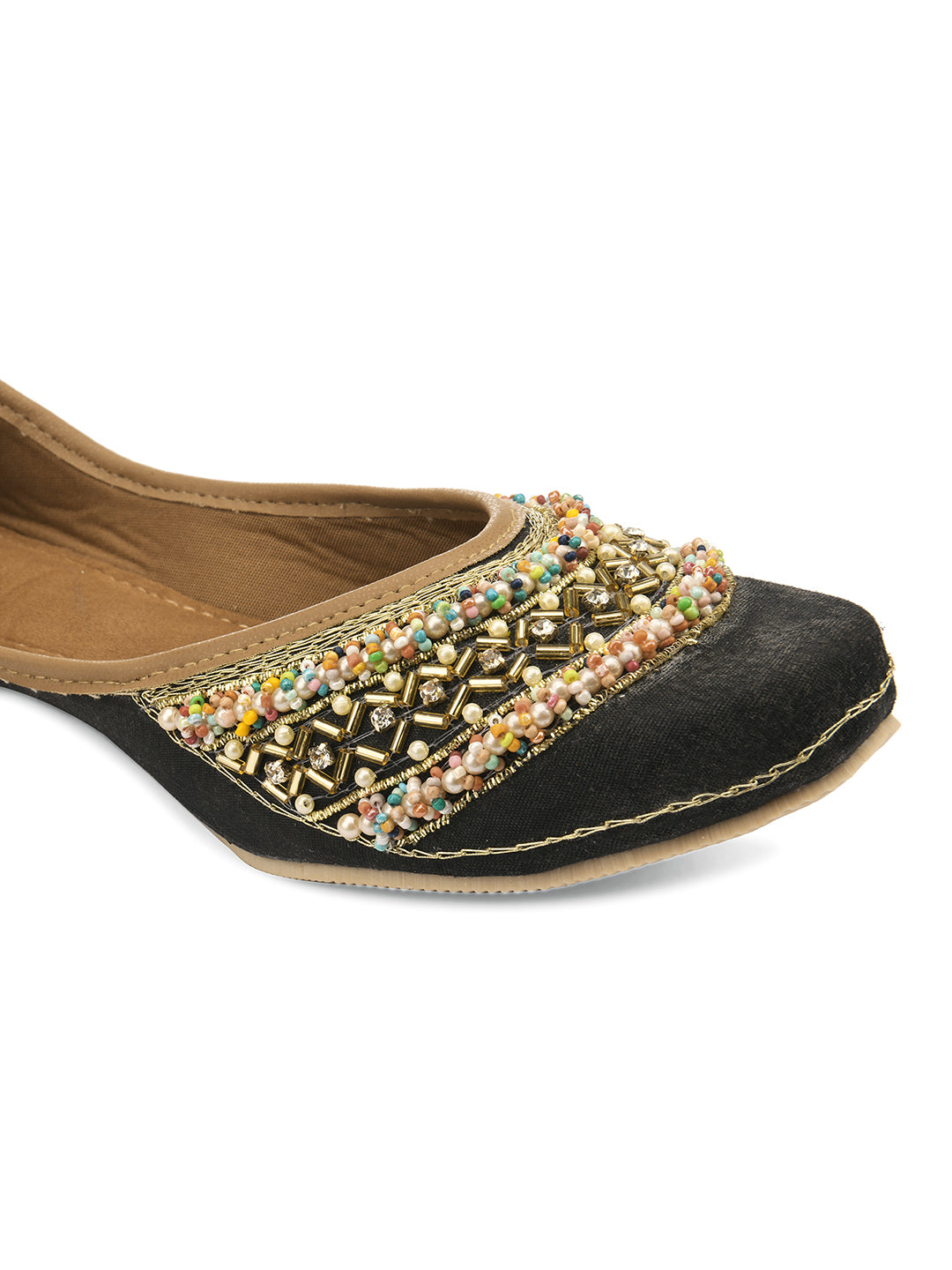 DESI COLOUR Women Black Embellished Genuine Leather Party Collection Ethnic Mojaris Flats