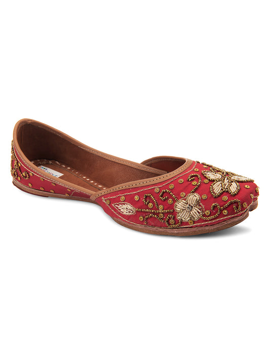 DESI COLOUR Women Red Embellished Leather Ethnic Mojaris Flats