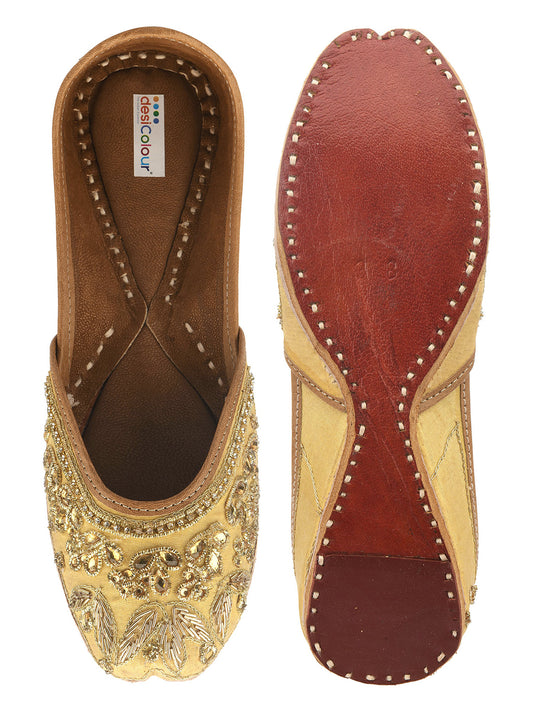 DESI COLOUR Women Gold-Toned Embellished Leather Ethnic Mojaris Flats