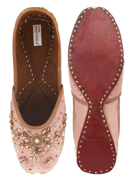 DESI COLOUR Women Gold-Toned Embellished Leather Ethnic Mojaris Flats