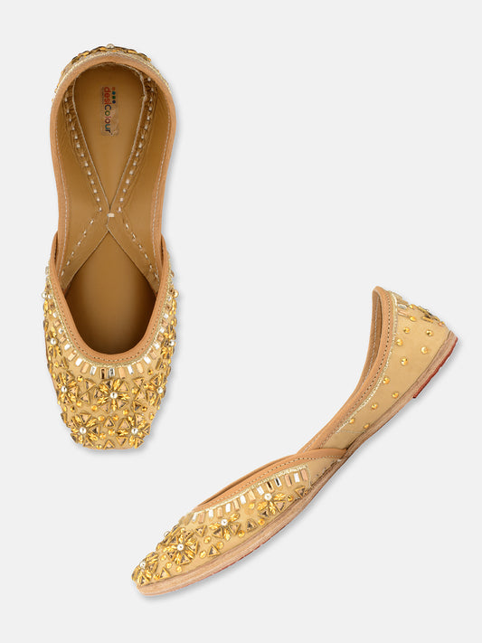 DESI COLOUR Women Gold-Toned Embellished Leather Ethnic Mojaris Flats