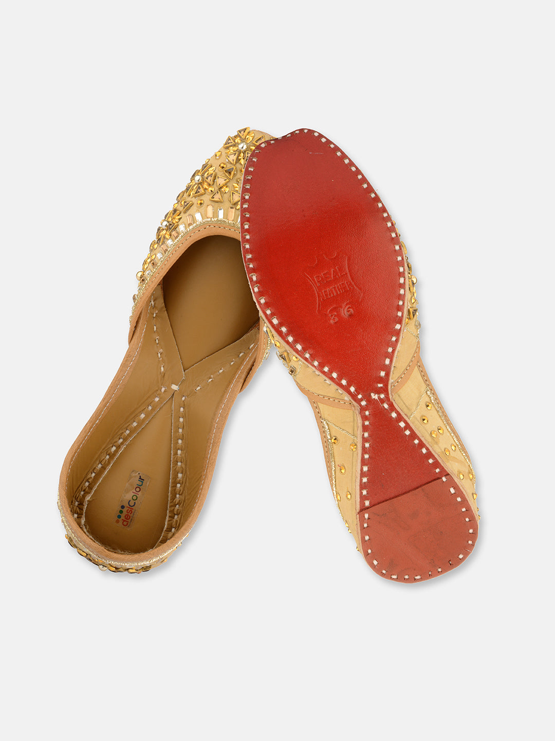 DESI COLOUR Women Gold-Toned Embellished Leather Ethnic Mojaris Flats