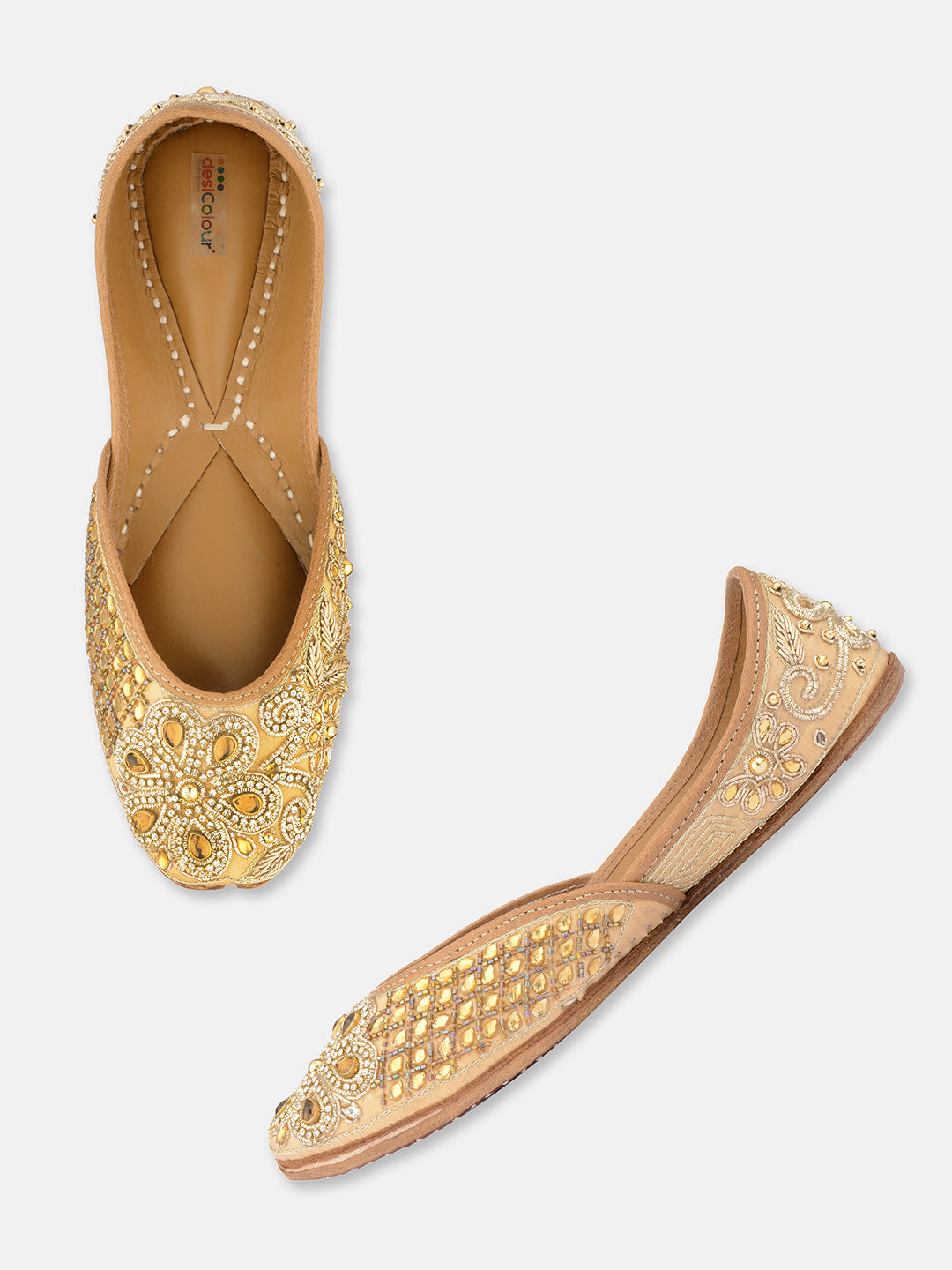 DESI COLOUR Women Gold-Toned Embellished Leather Ethnic Mojaris Flats