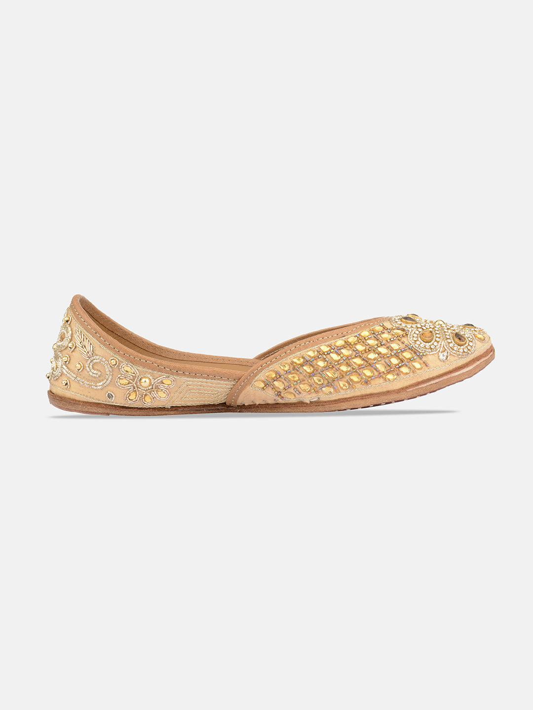 DESI COLOUR Women Gold-Toned Embellished Leather Ethnic Mojaris Flats