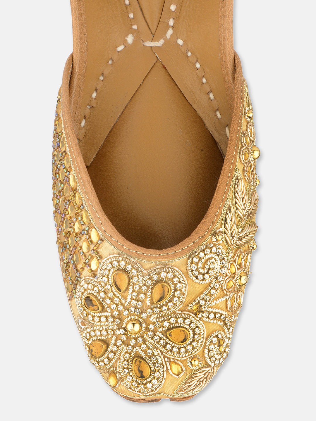 DESI COLOUR Women Gold-Toned Embellished Leather Ethnic Mojaris Flats