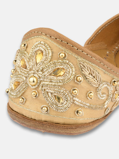 DESI COLOUR Women Gold-Toned Embellished Leather Ethnic Mojaris Flats